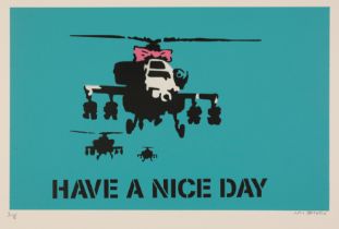 *NOT BANKSY (Contemporary) 'Have a Nice Day - Happy Choppers (Cyan)'