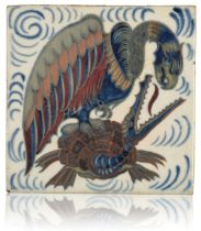 WILLIAM DE MORGAN (1839-1917): A RARE 'TRIPLE LUSTRE' LATE FULHAM PERIOD TILE 'BIRD OF PREY