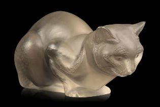 LALIQUE: A FROSTED GLASS MODEL OF A CROUCHING CAT 'CHAT COUCHE'