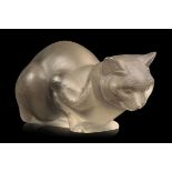 LALIQUE: A FROSTED GLASS MODEL OF A CROUCHING CAT 'CHAT COUCHE'