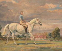 *THOMAS SHERWOOD LA FONTAINE (1915-2007) 'Sheila Harman riding Solomon in front of Olivemead Farm
