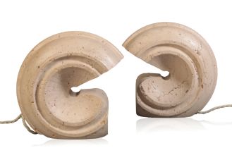 GIULIANO CESARI & ENRICO PANZERI FOR NUCLEO SORMANI, ITALY: A PAIR OF SCULPTURAL TRAVERTINE LAMPS