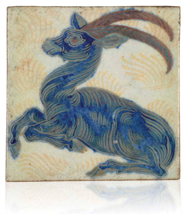 WILLIAM DE MORGAN (1839-1917): A RARE 'TRIPLE LUSTRE' LATE FULHAM PERIOD TILE 'SEATED ANTELOPE'