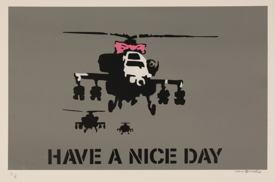 *NOT BANKSY (Contemporary) 'Have a Nice Day - Happy Choppers (Gray)'