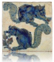 WILLIAM DE MORGAN (1839-1917): A RARE 'TRIPLE LUSTRE' LATE FULHAM PERIOD TILE 'SQUIRRELS ON AN...