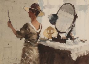 *JOHN YARDLEY (b. 1933) A study of a woman trying on hats in an interior