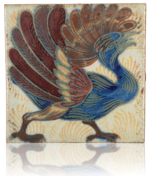 WILLIAM DE MORGAN (1839-1917): A RARE 'TRIPLE LUSTRE' LATE FULHAM PERIOD TILE 'ORNATE BIRD'