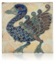 WILLIAM DE MORGAN (1839-1917): A RARE 'TRIPLE LUSTRE' LATE FULHAM PERIOD TILE 'DUCK AND FOLIAGE'