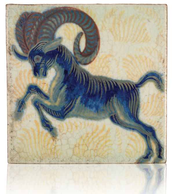 WILLIAM DE MORGAN (1839-1917): A RARE 'TRIPLE LUSTRE' LATE FULHAM PERIOD TILE 'MOUNTAIN GOAT'