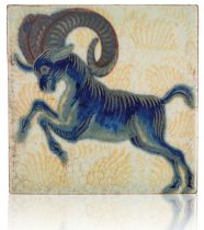 WILLIAM DE MORGAN (1839-1917): A RARE 'TRIPLE LUSTRE' LATE FULHAM PERIOD TILE 'MOUNTAIN GOAT'