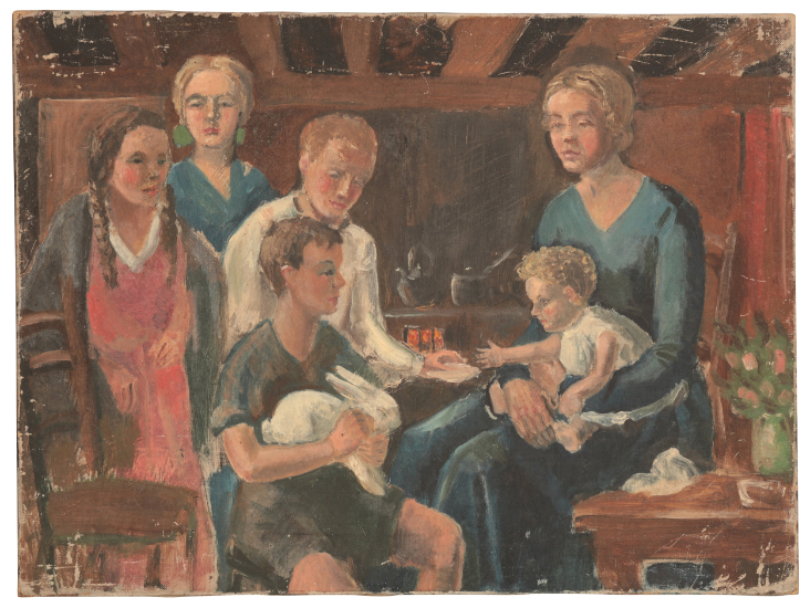 *KATHLEEN MURIEL SCALE (MURIEL HARDING-NEWMAN) (1913-2006) 'Family group in interior' - Image 4 of 4