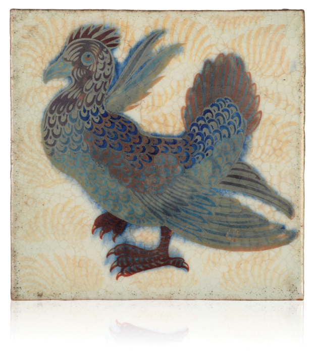 WILLIAM DE MORGAN (1839-1917): A RARE 'TRIPLE LUSTRE' LATE FULHAM PERIOD TILE 'GUINEA FOWL'