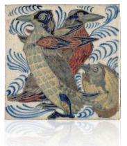 WILLIAM DE MORGAN (1839-1917): A RARE 'TRIPLE LUSTRE' LATE FULHAM PERIOD TILE 'PENGUINS