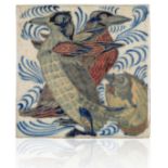 WILLIAM DE MORGAN (1839-1917): A RARE 'TRIPLE LUSTRE' LATE FULHAM PERIOD TILE 'PENGUINS