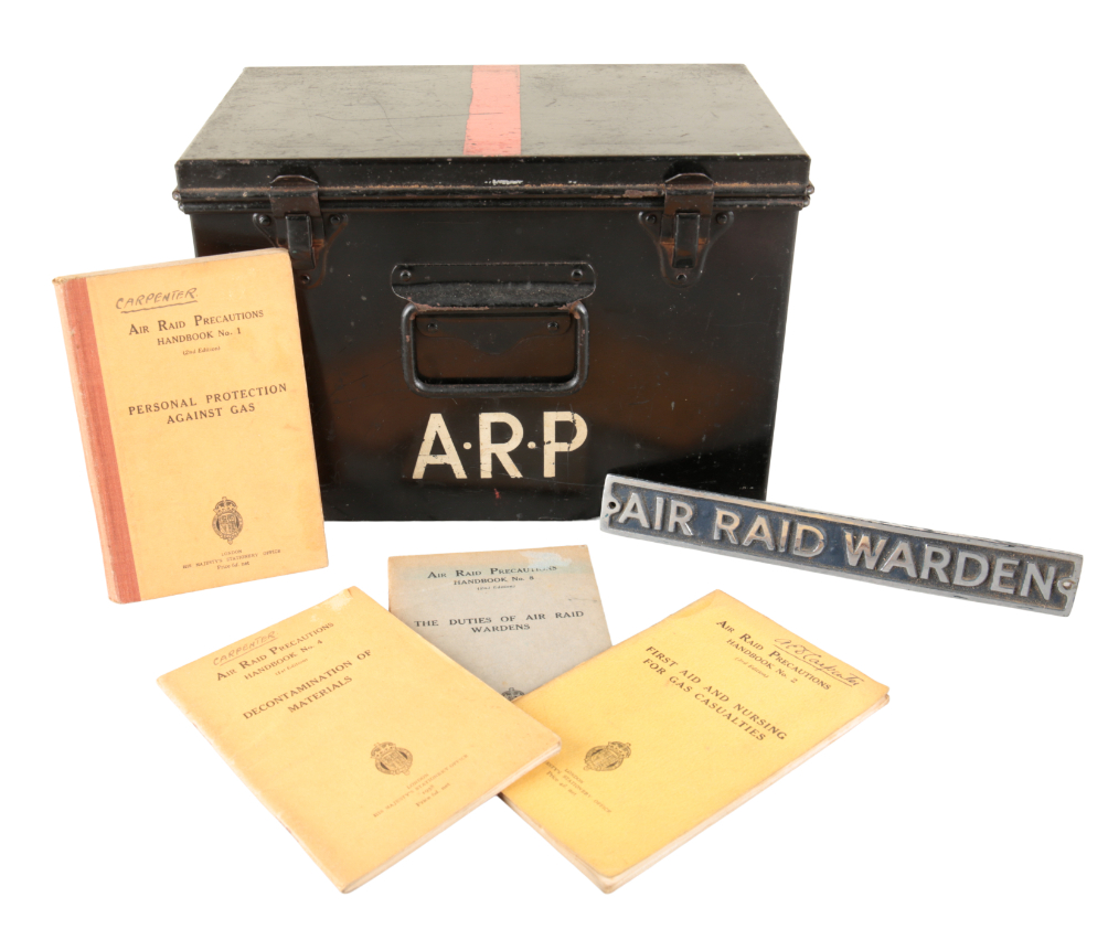 A WWII ARP BLACK LACQUERED TIN CHEST