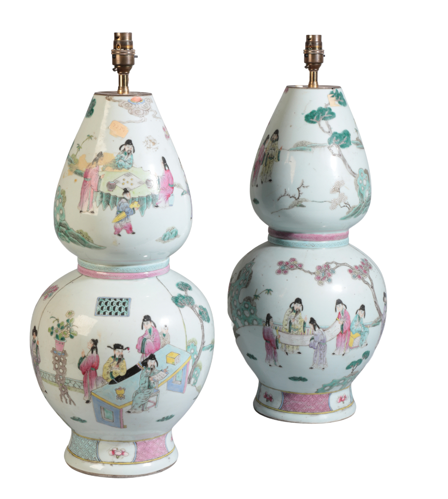 A PAIR OF CHINESE FAMILLE ROSE DOUBLE GOURD VASES