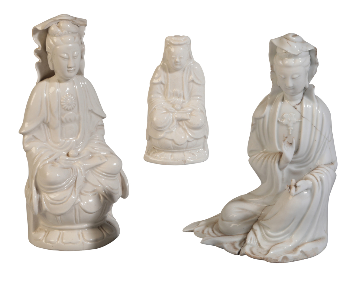 THREE CHINESE BLANC DE CHINE FIGURES OF GUANYIN