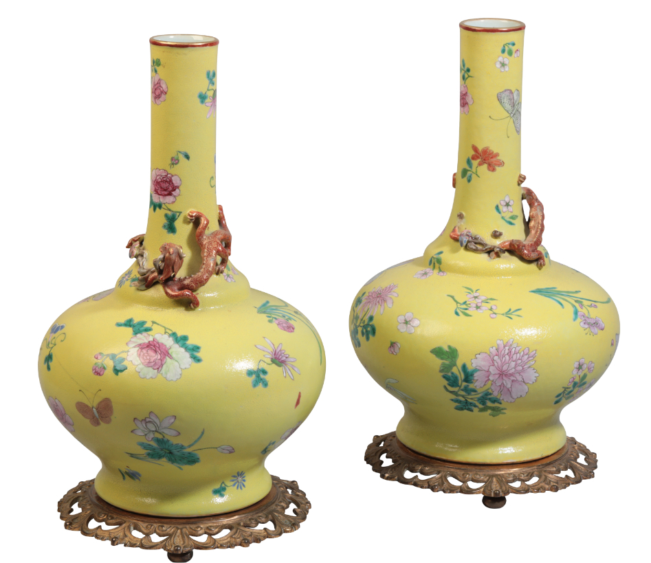 A PAIR OF CHINESE YELLOW GROUND FAMILLE ROSE INCISED BOTTLE VASES