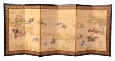 A PAIR OF JAPANESE SIX PANEL TABLE SCREENS