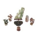THREE CHINESE HARDSTONE MINIATURE PLANTS IN POTS