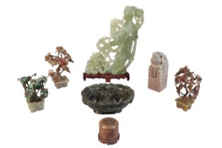 THREE CHINESE HARDSTONE MINIATURE PLANTS IN POTS