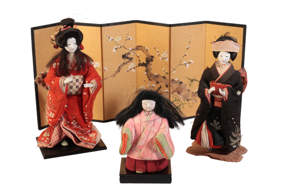 TWO JAPANESE GEISHA DOLLS ON STANDS
