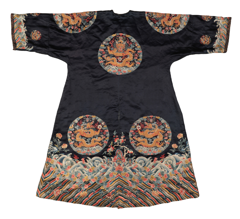 A CHINESE "IMPERIAL" BLUE SILK ROBE