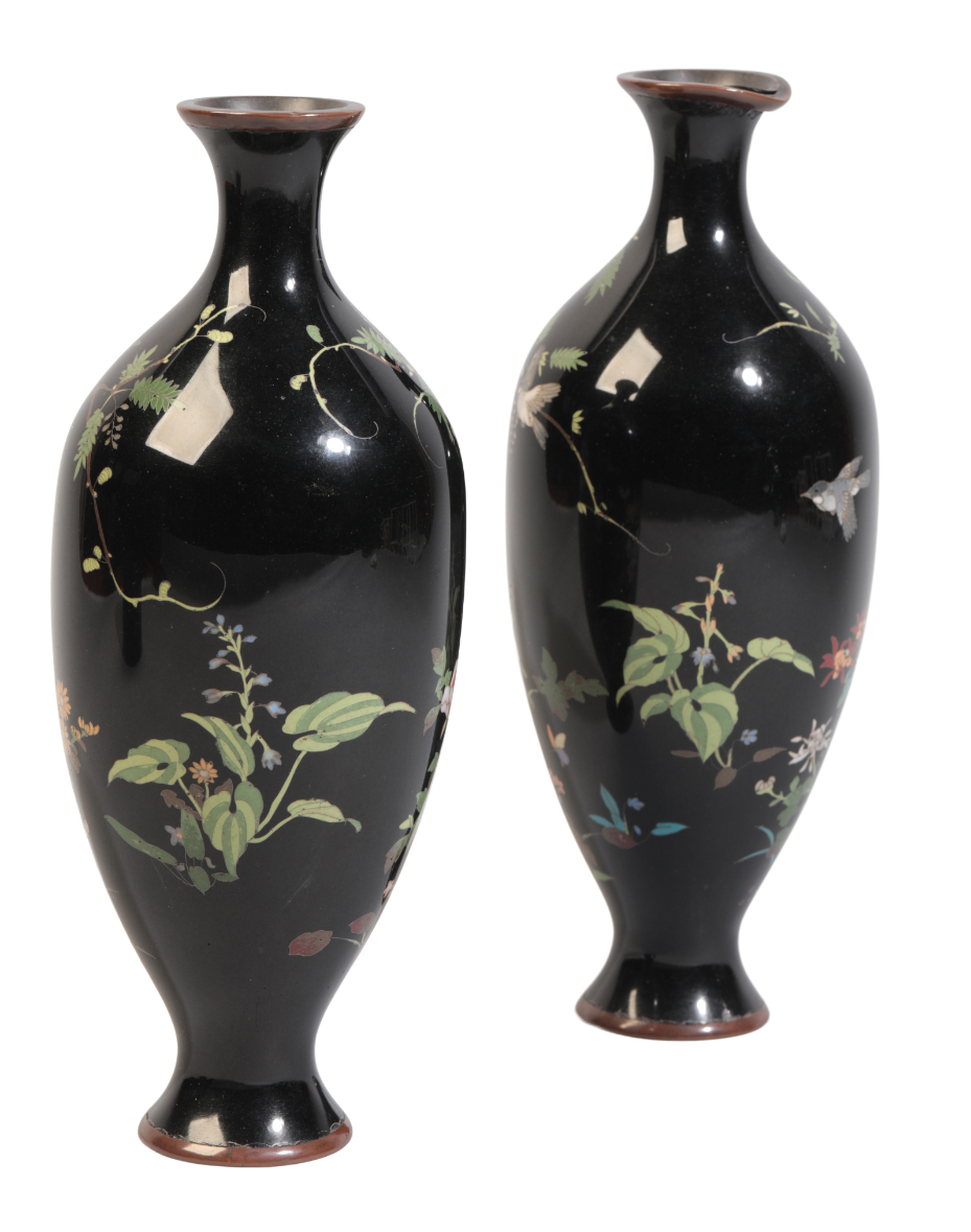 A PAIR OF JAPANESE BLACK GROUND CLOISONNE VASES - Image 2 of 4