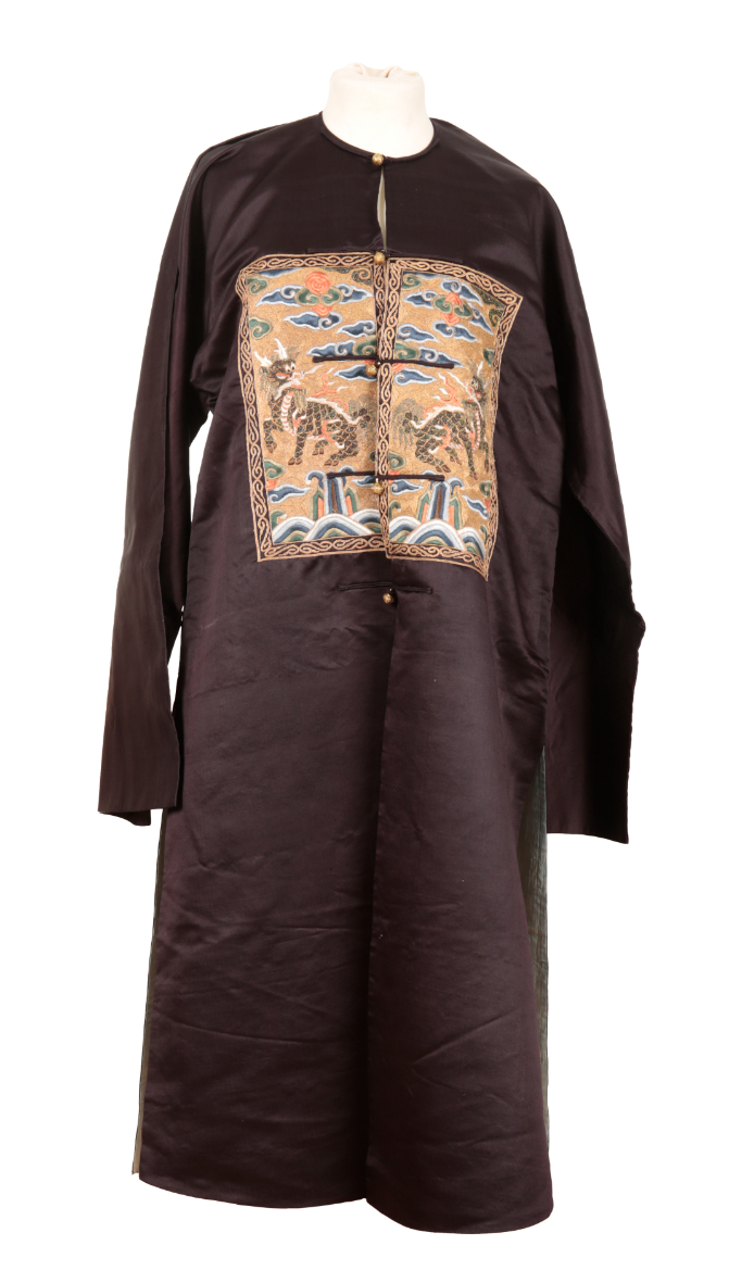 A BLACK SILK CHINESE ROBE WITH QILIN MILITARY RANK BADGES