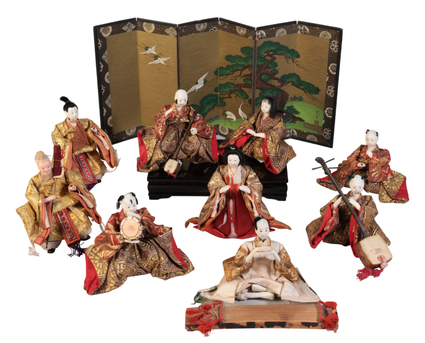 A COLLECTION OF NINE MUSICIAN DOLLS FOR THE FESTIVAL OF HINAMATSURI, OR GIRL'S DAY