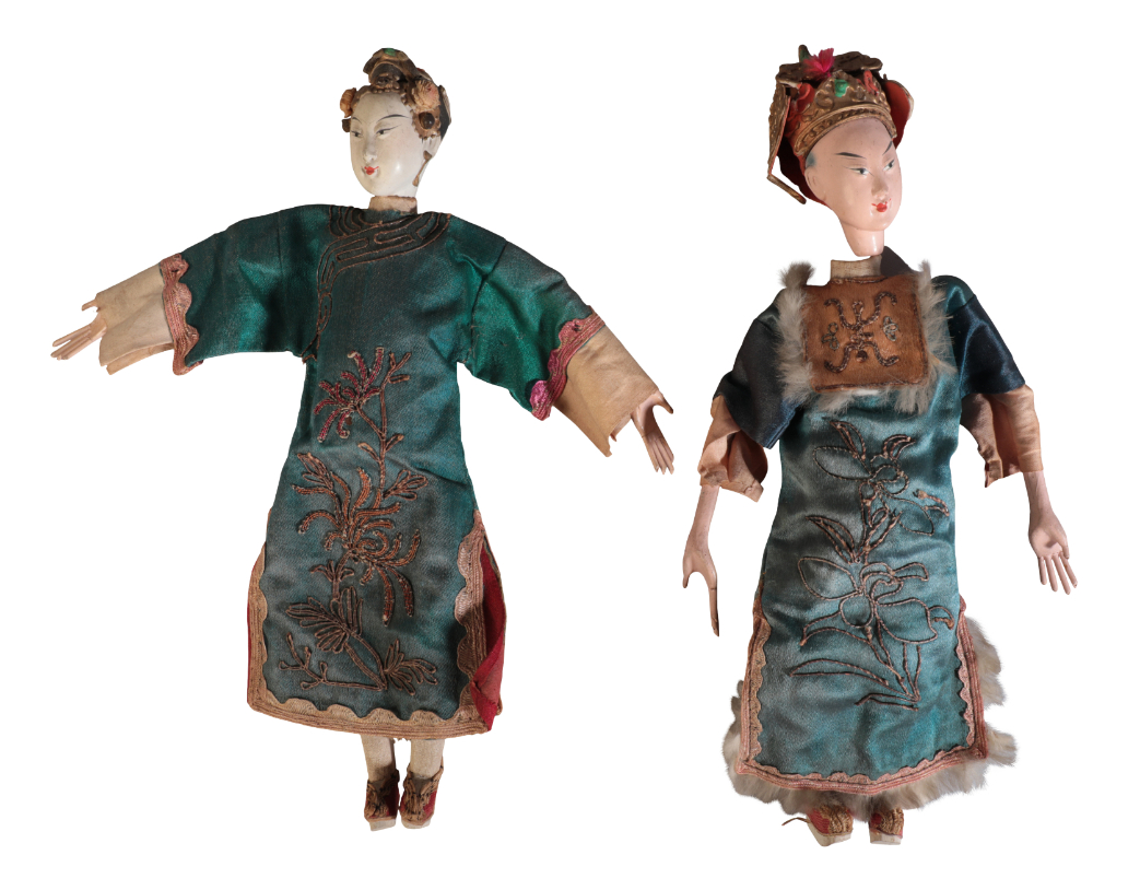 TWO CHINESE POLYCHROME PAINTED WOODEN DOLLS