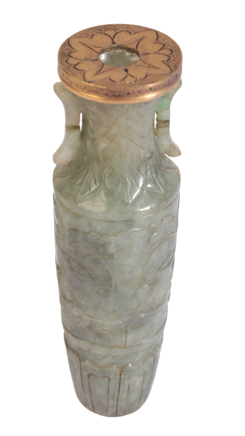 A CHINESE JADEITE AND GILT METAL MOUNTED VASE - Image 2 of 2