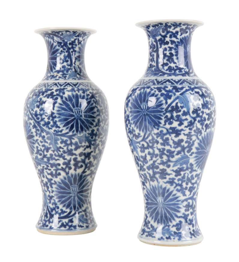 A PAIR OF CHINESE BLUE AND WHITE BALUSTER VASES