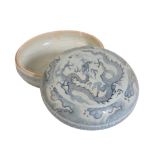 A CHINESE PORCELAIN BLUE AND WHITE DRAGON BOX AND COVER