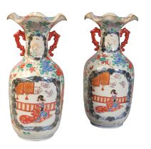 A PAIR OF JAPANESE VASES WITH FLARED SCALLOPED NECKS