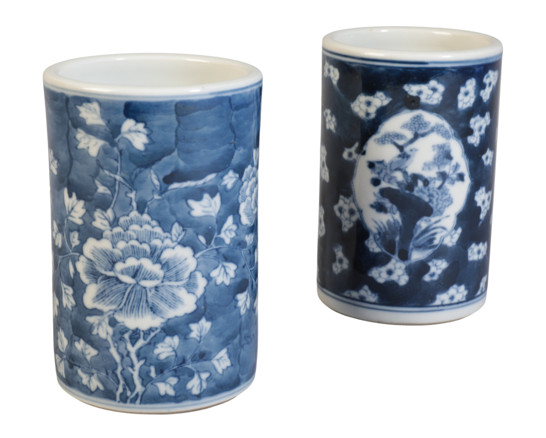 TWO CHINESE BLUE AND WHITE PORCELAIN BRUSH POTS