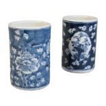 TWO CHINESE BLUE AND WHITE PORCELAIN BRUSH POTS