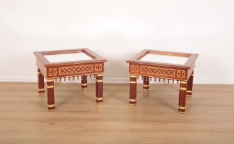 A PAIR OF MAHOGANY, MARQUETRY AND PARCEL-GILT OCCASIONAL TABLES
