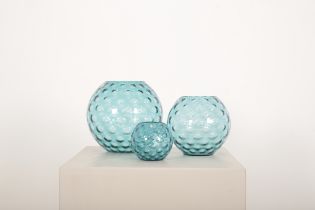 BOHEMIA GLASS: THREE SEA BLUE GRADUATED SPHERICAL VASES