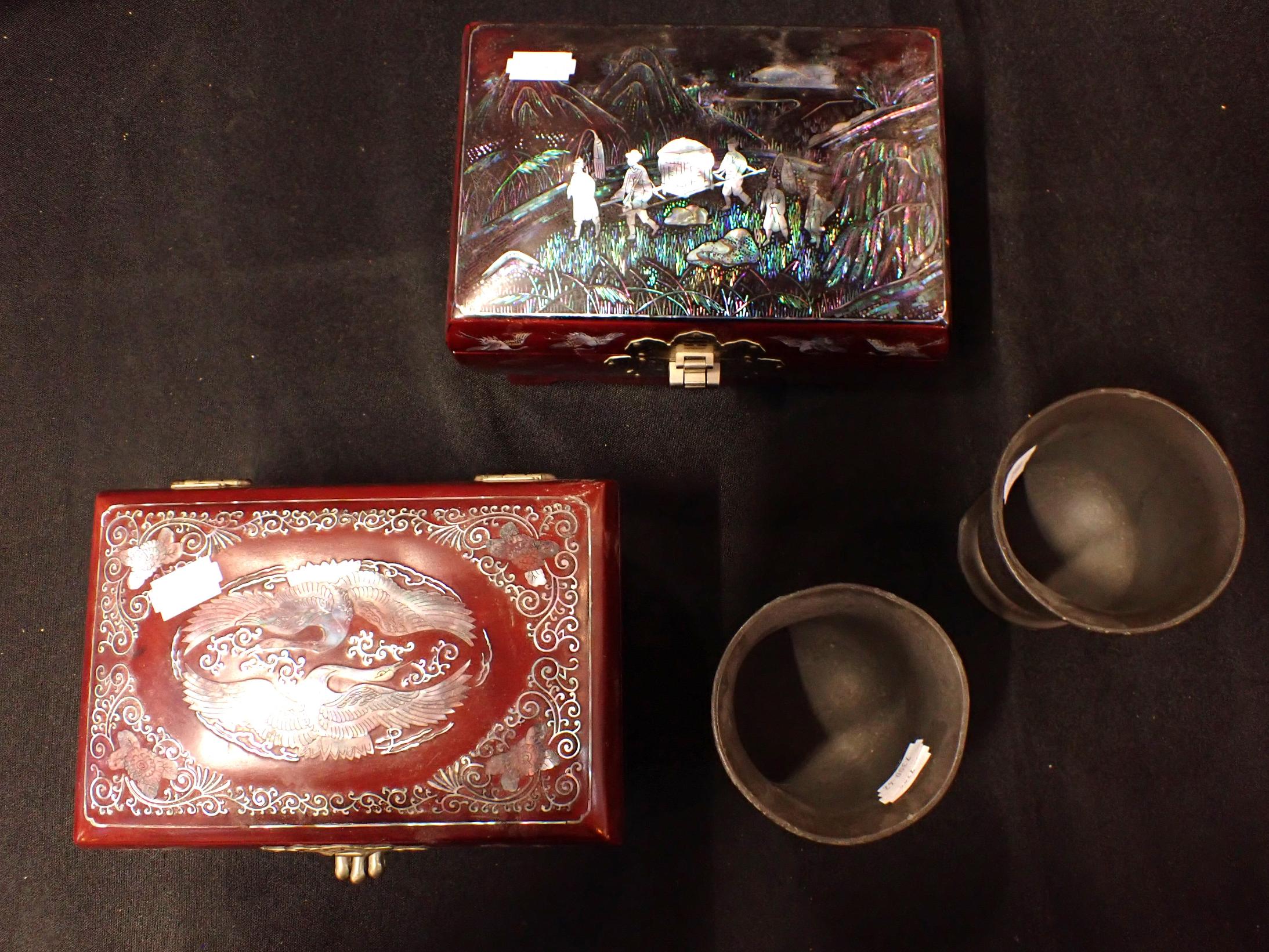 A PAIR OF VICTORIAN PEWTER GOBLETS, TWO CHINESE JEWELLERY BOXES - Image 2 of 3