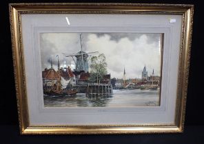 L. VAN STAATEN (DUTCH 19TH/20TH CENTURY) HARBOUR SCENE, WITH WINDMILL