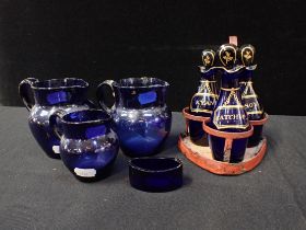 A SET OF THREE 19TH CENTURY BLUE GLASS CONDIMENT BOTTLES