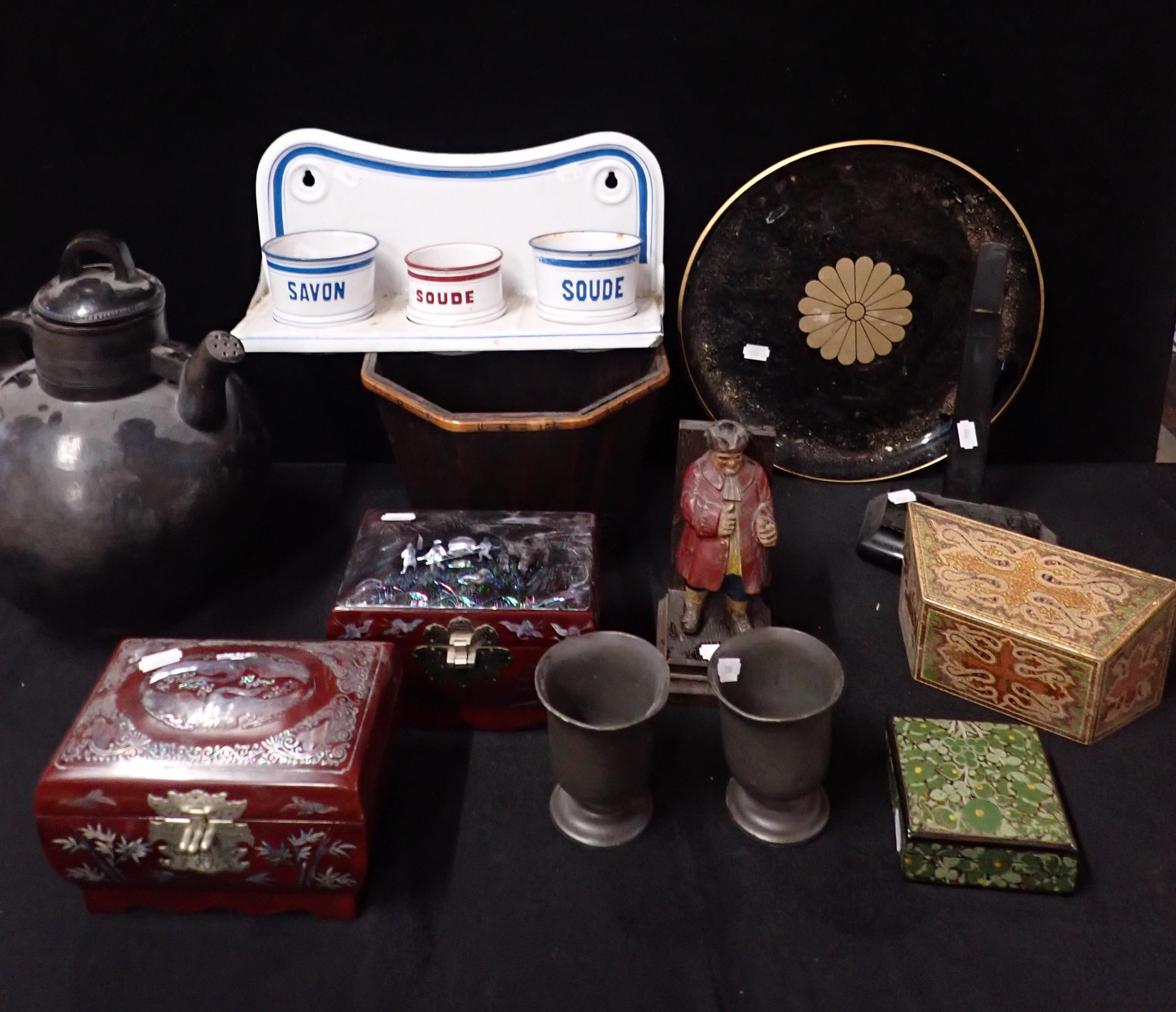 A PAIR OF VICTORIAN PEWTER GOBLETS, TWO CHINESE JEWELLERY BOXES