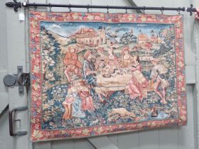 A REPRODUCTION MEDIEVAL TAPESTRY, A FEASTING SCENE