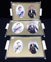 SET OF 3 CHROMED METAL TRAYS 1953 CORONATION OF QUEEN ELIZABETH II