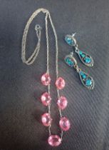 A PINK PASTE NECKLACE AND BLUE GEMSTONE DROP EARRINGS