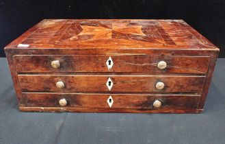 A GEORGE III ROSEWOOD AND BURRWOOD THREE-DRAWER TABLE CHEST