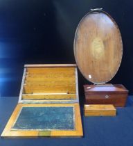 A VICTORIAN OAK STATIONERY BOX, WITH WRITING SURFACE