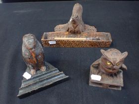 TWO BLACK FOREST OWL INKWELLS