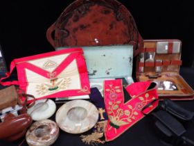 A JAPANESE WOODEN TRAY, MASONIC REGALIA